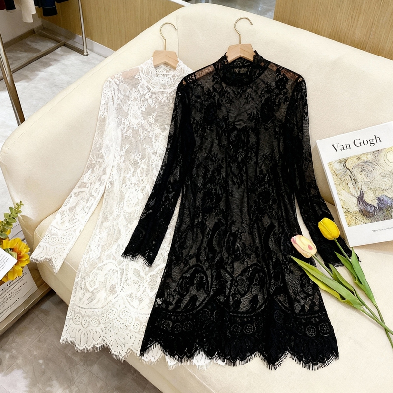Half-High Collar Lace Mesh Base Layer Top with Unique and Delicate Lace, Transparent Layered Top for Women, Light Luxury and High-End Feel