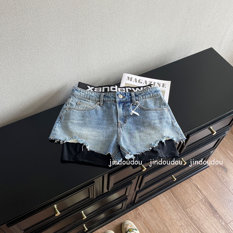 Fake Two-Piece Denim Shorts for Women, 2026 New Summer Style, Frayed Edge Patchwork, Elastic Waist, Trendy Slimming Pants Fake Two-Piece Denim Shorts for Women, 2026 New Summer Style, Frayed Edge Patchwork, Elastic Waist, Trendy Slimming Pants