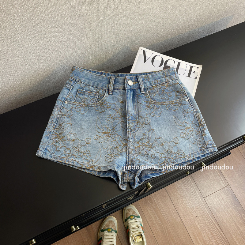 Blue Denim Shorts for Women, Jacquard Pattern, Petite Size, Unique Minimalist Style, Trendy This Year, Thin Summer Pants