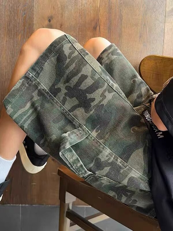 Camouflage Workwear Denim Shorts for Men, Summer Trendy Lumberjack Five-Point Shorts, American Style Loose Casual Mid-Length Pants