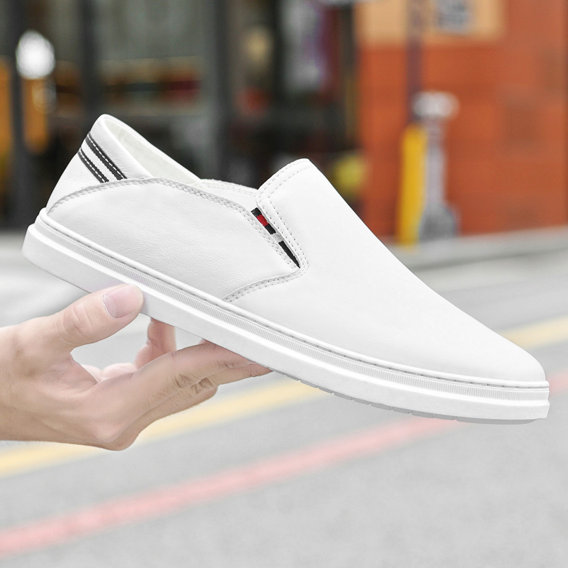 Spring and Autumn Top-Grain Leather Driving Shoes for Men, White Laceless Slip-On Loafers, White Dress Shoes, Barber Loafers