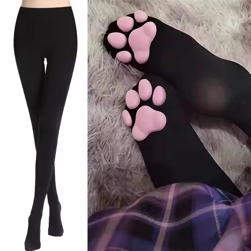 Cute Long Socks with 3D Cat Paw Design, Over-The-Knee Socks with Realistic Cat Paw Pads, Black Silk Loli Cat Feet Cat Girl Socks
