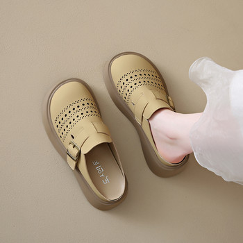 Genuine Leather Toe-Cap Sandals for Women, 2026 New Summer Style, Hollow-Out, Slip-On, Half-Slippers, Thick-Soled, Easy-To-Wear Single Shoes