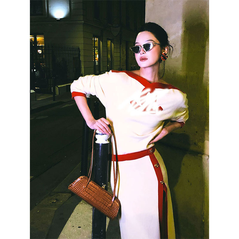 Xin Zhilei's Same Style French Chic Knitted Suit for Women, Socialite Style Color-Blocked Base Shirt with Slit Skirt Two-Piece Set Xin Zhilei's Same Style French Chic Knitted Suit for Women, Socialite Style Color-Blocked Base Shirt with Slit Skirt Two-Piece Set