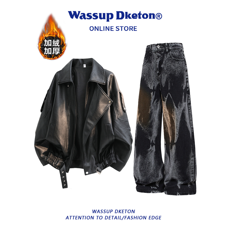 Wassup Dketon Autumn and Winter Large Lapel Motorcycle Leather Jacket Fleece-Lined Coat Men's Tie-Dye Jeans Suit