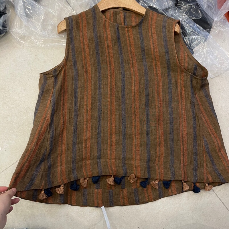 Korean Niche Um Brand with Unique Design, Tassel Trim, Color-Blocked Striped Sleeveless Linen Tank Top, Shirt, Blouse, Ol Style