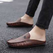 2021 new half slippers beanie shoes mens spring trend lazy mens casual summer breathable cool leather drag brown