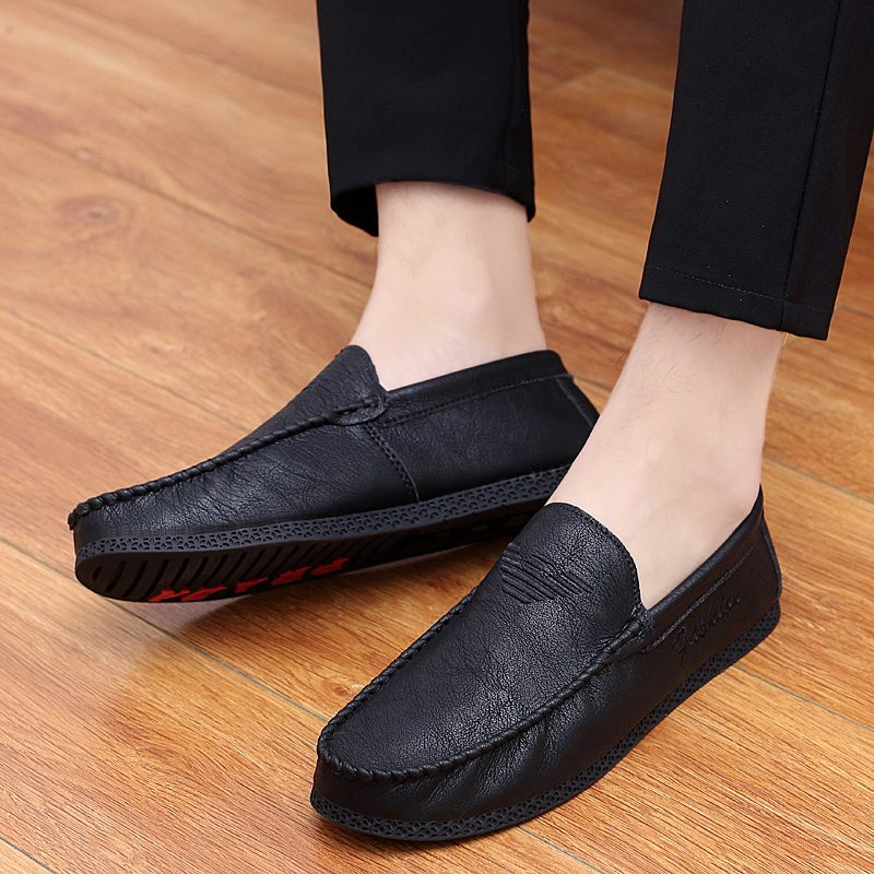 Summer breathable beanie shoes men's leather men's leather shoes 2022 new black trend casual slip-on shoes