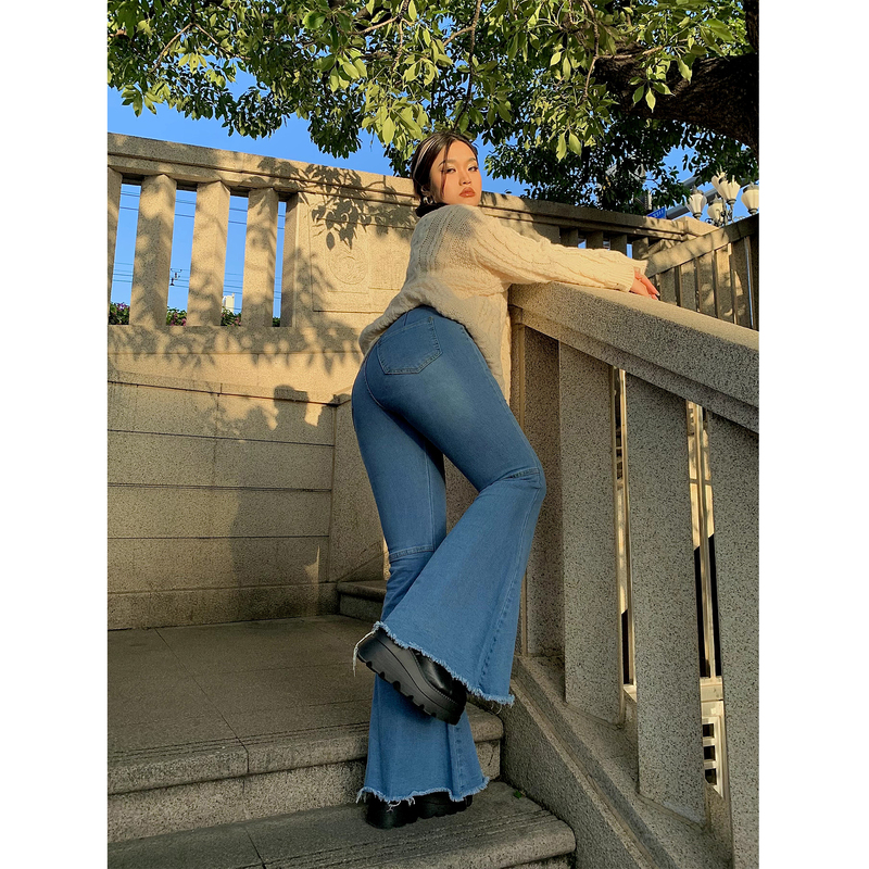 Nan Ge Slightly Chubby European and American Style Flared Jeans for Women, High-Waisted, Plus Size, Pear-Shaped Body, Slimming Bootcut Pants for Summer