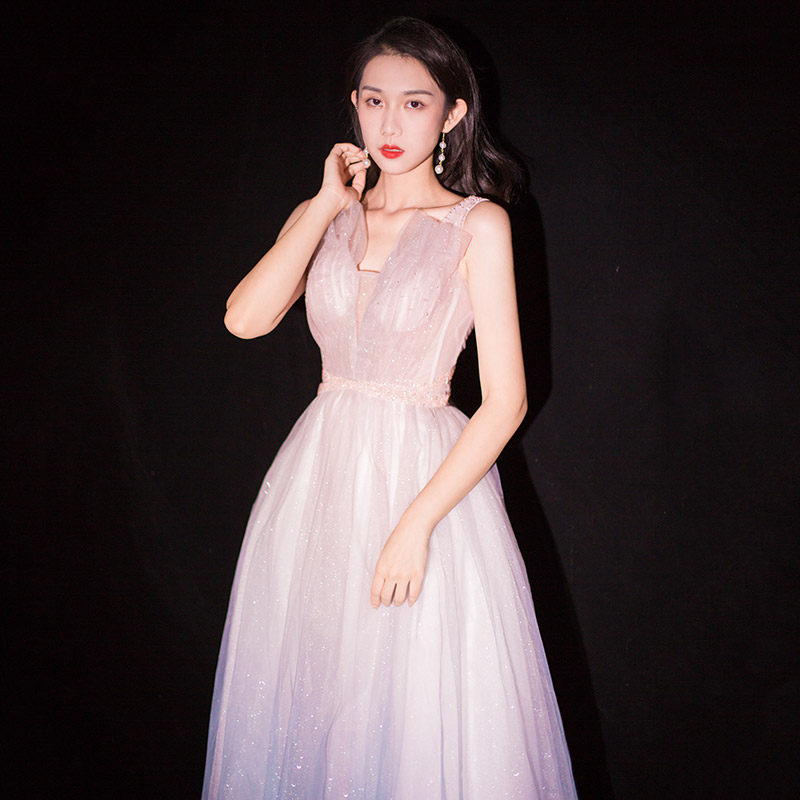 Powder Blue Starry Sky-Layer Evening Gown 2021 New noble banquet Annual Meeting Temperament Harnesses Long Version Party