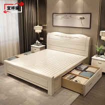 Modern simple white solid wood bed master bedroom 1 8 m Chinese double bed 1 5 m economical oak storage wedding bed