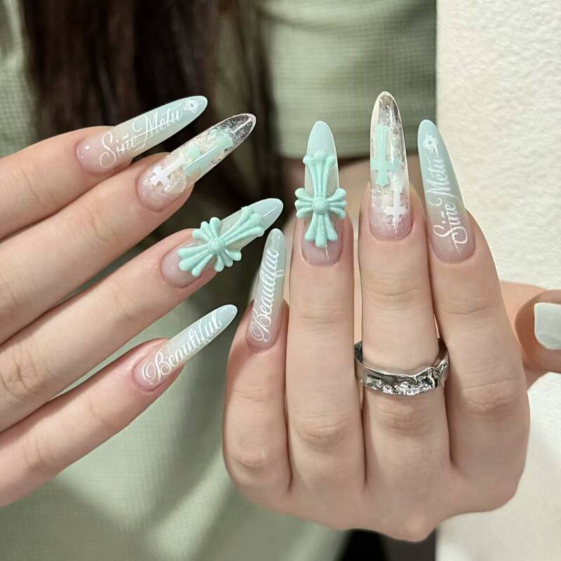 Ice-Clear Mint Green Cross Nail Art, Cool and Spicy Girl Style, Long Personalized Letter Handmade Press-On Nails Ice-Clear Mint Green Cross Nail Art, Cool and Spicy Girl Style, Long Personalized Letter Handmade Press-On Nails