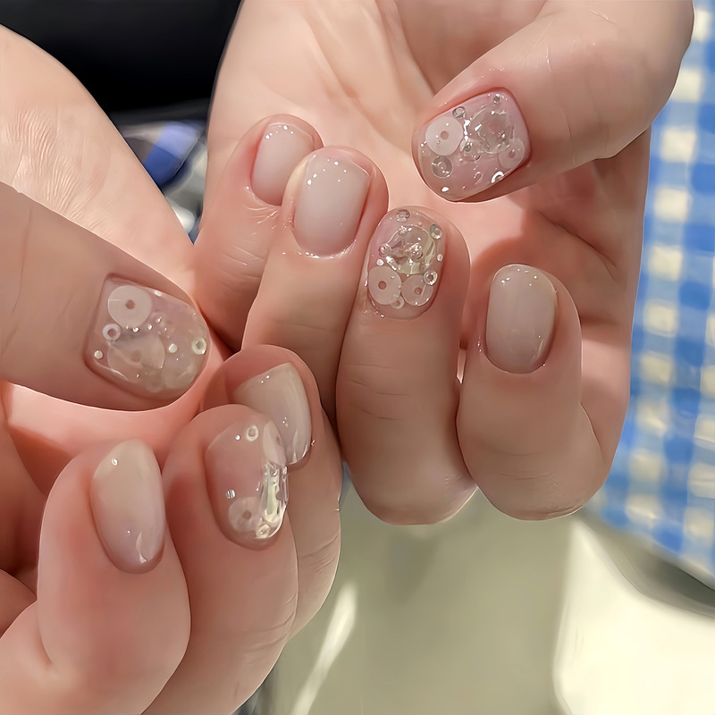 [Milky White Liquid Silver] Clear Milky White Round Hollow Silver Sequins, Simple Futuristic Handmade Wearable Nails