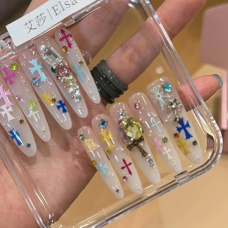 Colorful Handmade Dopamine-Style Wearable Nails with New Colorful Rhinestones and Candy-Colored Chrome Hearts Translucent Nail Art