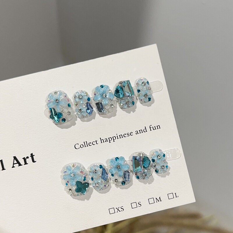 Purely Handmade Wearable Nails with a High-End Feel, Blue Small Flowers, Full of Rhinestones, Short Style, High-End Nail Art Pieces, Rhinestone-Studded Fake Nail Patches