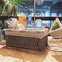 Woven storage basket desktop finishing box snacks sundries cabinet living room storage box toy straw storage frame fabric