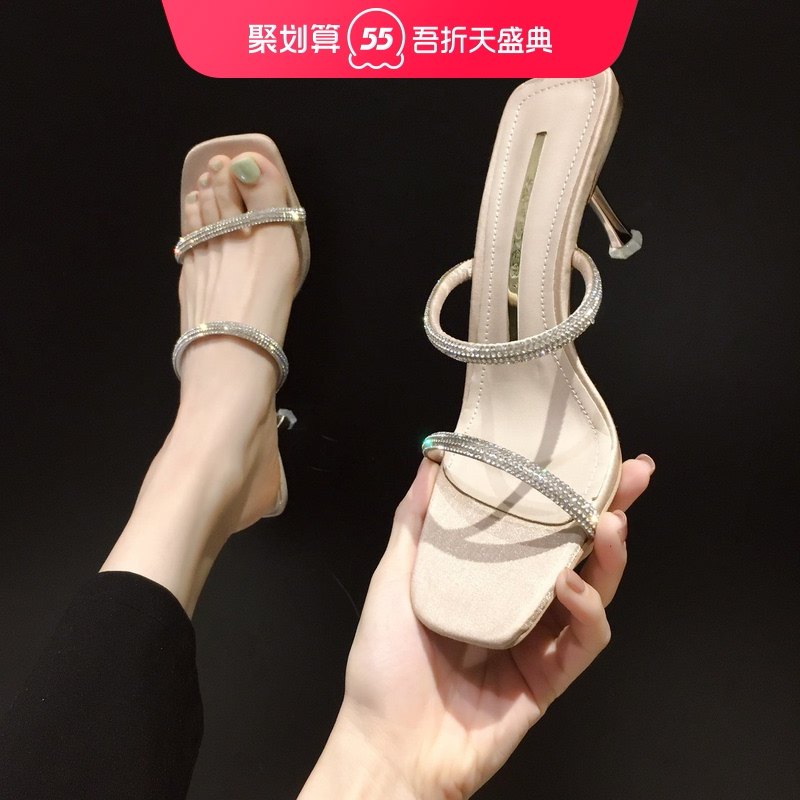 Net red rhinestone square head slippers temperament high heels womens thin heel skirt wear sandals Spring 2021 new