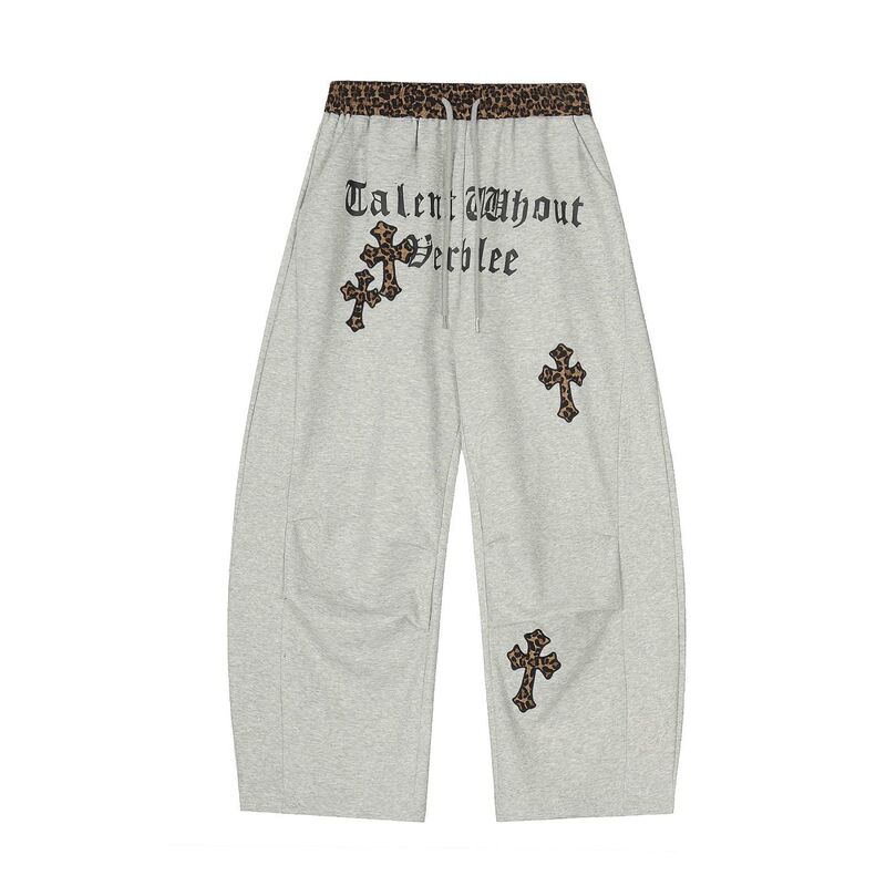 American-Style Trendy Leopard Print Patchwork Casual Sports Sweatpants for Women, New Gothic Style Letter Print Couple Style Wide-Leg Pants