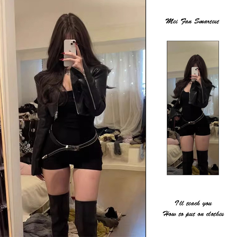 Sweet and Cool Spicy Girl Black Short Pu Leather Jacket for Women, Autumn Pure Desire Style, High-End Slim Fit Biker Jacket Top