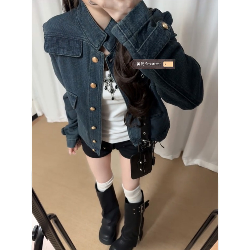 American Retro High-End Denim Short Jacket for Women 2026 Spring and Autumn Korean Style Elegant and Super Pretty Regular Shoulder Slim Fit Top