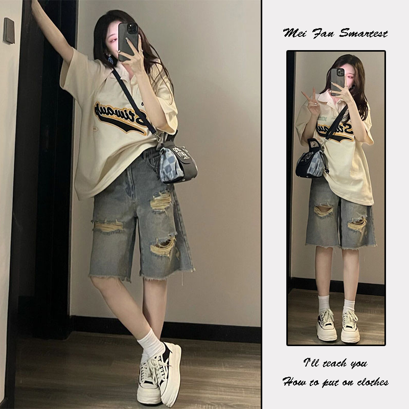 Ripped Denim Shorts for Women, Summer New Style, American Retro, Loose Fit, Slimming, High Street Design, Wide-Leg Mid-Length Pants