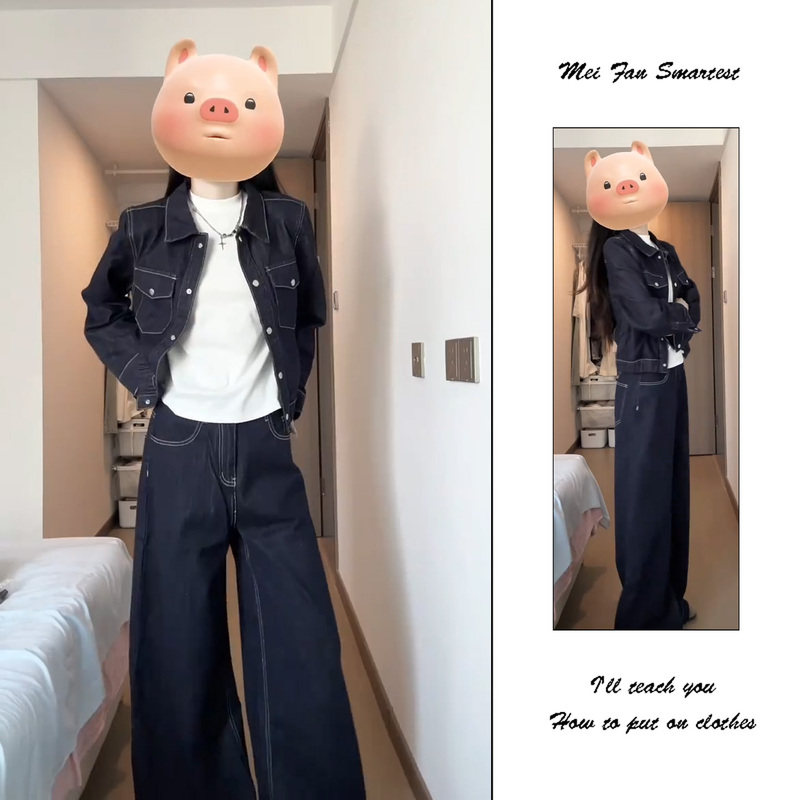 Dark Blue Short Denim Jacket Set for Women, Early Autumn American Style Petite High-End Jacket Top Two-Piece Set Dark Blue Short Denim Jacket Set for Women, Early Autumn American Style Petite High-End Jacket Top Two-Piece Set