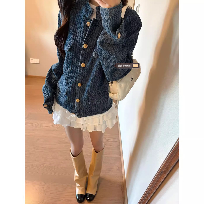 Retro Blue Textured Denim Jacket with a Small Fragrance Style for Women, Spring & Fall Style, Loose Design, Niche Stand-Up Collar Jacket