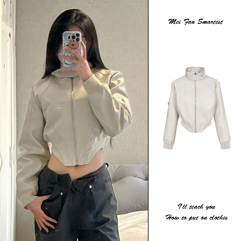 American Retro White Stand-Up Collar Pu Leather Jacket for Women Autum 2026 New Design Motorcycle Short Leather Jacket American Retro White Stand-Up Collar Pu Leather Jacket for Women Autum 2026 New Design Motorcycle Short Leather Jacket