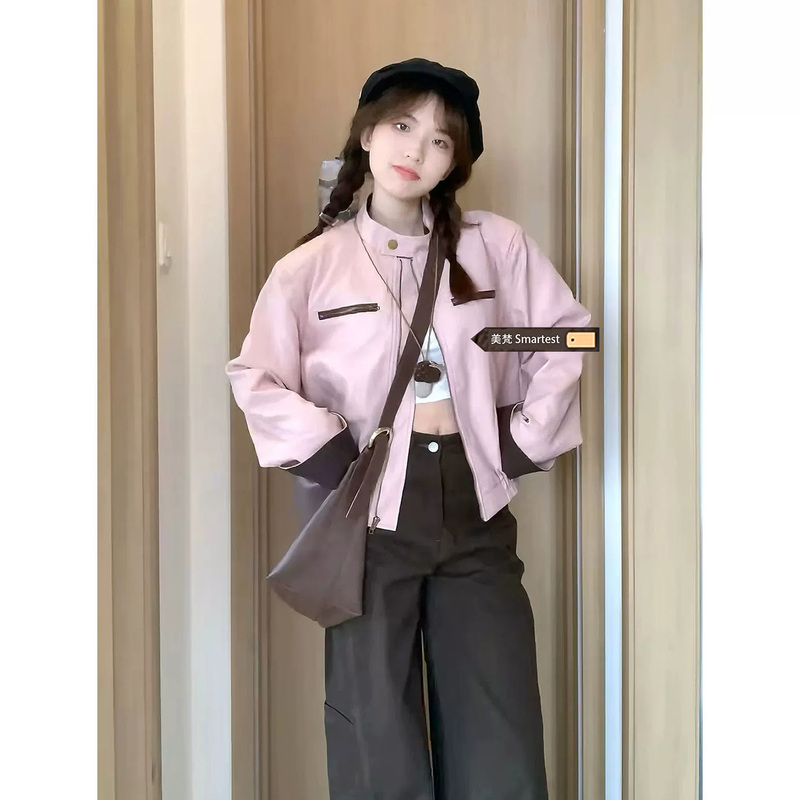 American Sweet Cool Style Color-Block Pink Leather Jacket for Women 2026 Spring and Autumn Design Niche Cardigan American Sweet Cool Style Color-Block Pink Leather Jacket for Women 2026 Spring and Autumn Design Niche Cardigan