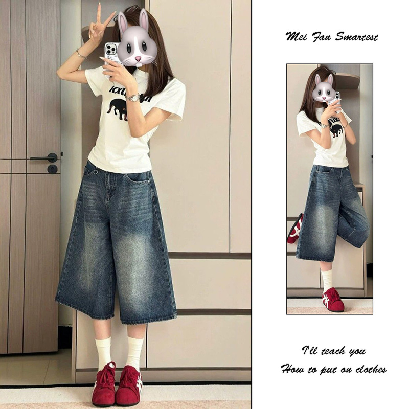 American-Style High Street Wide-Leg Denim Cropped Pants for Women, Summer 2026, High-Waisted, Loose, Slimming, Versatile Shorts