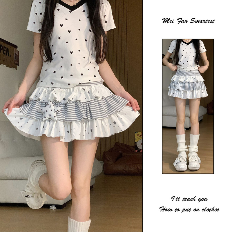 Y2K Hot Girl Style Full-Print Star and Stripe Patchwork Pleated Skirt for Women, Summer Light Asian Style Short Skirt, Versatile Tiered Skirt