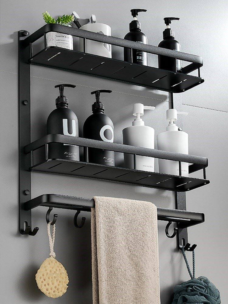 Bathroom rack free punch space aluminum black powder room towel rack double-layer bathroom bathroom wall hanging storage