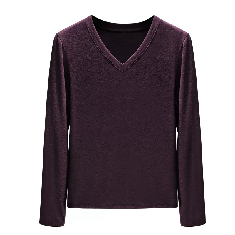 Т-shirt женский с длинными рукавами из хлопка Lenzing Modal, правая shoulder, тонкая подкладка, красная внутренняя, водорослевой v-образный вырез, топ, новый стиль 2025