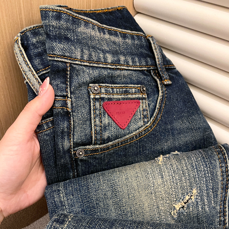 High-End Retro Blue/9-Point Jeans/Korean Style Trendy/Casual Cool/Elastic Distressed Slim-Fit Skinny Pants for Men
