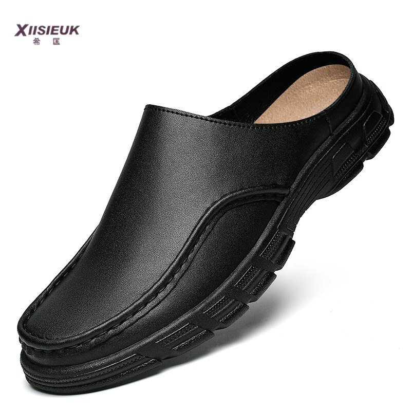 Summer Men's Large Size 45 Genuine Leather Closed-Toe 46 Backless Half-Slipper 47 Cowhide Thick-Soled Trendy Lazy Sandals 48