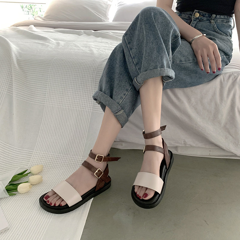 Net red sponge cake thick bottom sports sandals female ins tide 2022 new summer student fairy wind flat Roman shoes