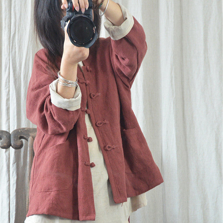 Original cotton and linen women's Chinese-style spring and autumn thickened hemp long-sleeved stand-up collar jacket retro paired button Zen top