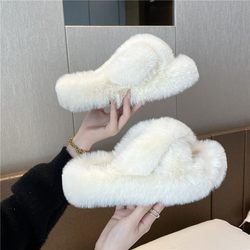 Hairy slippers women wear 2022 new Korean version ins tide shoes autumn and winter cross thick bottom cotton slippers spring and summer