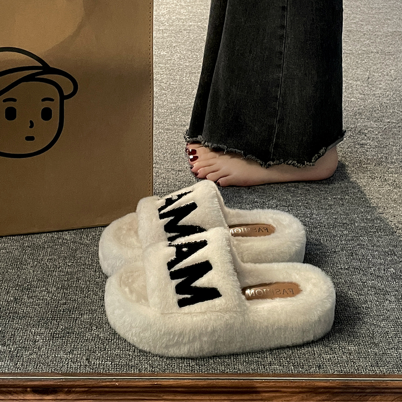 soft sole Furry Slippers for Women, Suitable for Outdoor Wear, 2026 Spring and Autumn New Style, Embroidered Thick-Soled Plush Office and Home Cotton Slippers