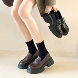 Универсальные женские кожаные туфли антикварного черного цвета с круглым носком на толстой подошве, новинка 2025 года, весенне-осенние французские лоферы без шнуровки на толстом каблуке