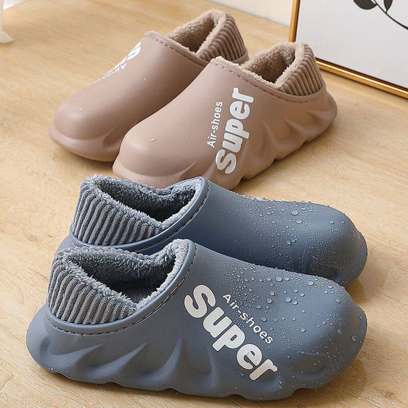 Waterproof cotton shoes men's winter warm indoor and outdoor wear trend gray plush personality bag foot cotton drag women's heel