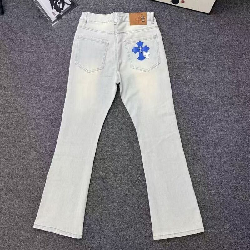 American High Street Style Light Luxury Cross-Shaped Denim Jeans with Leather Embroidery, Trendy Spring/Summer Casual Flared Pants for Couples, Versatile Long Pants