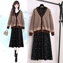 Large size womens 2021 Autumn New lazy sweater fat sister slim covering meat floral dress two-piece
