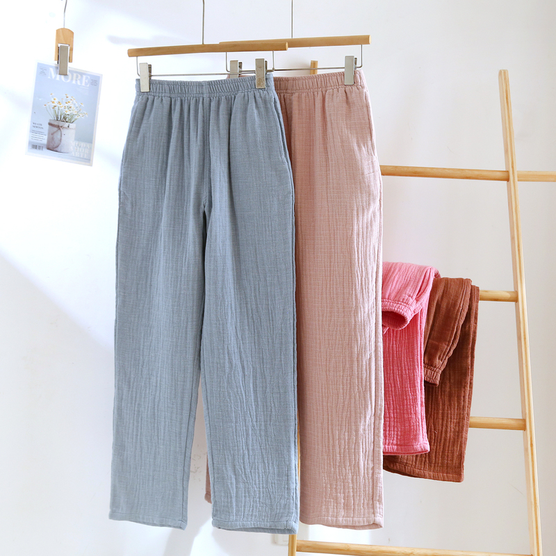 All-Cotton Four-Layer Gauze Women's Pajama Pants for Spring, Autumn, and Winter, with Pockets, Loose Fit, Large Size, Can Be Worn Outside, Straight-Leg Loungewear Pants