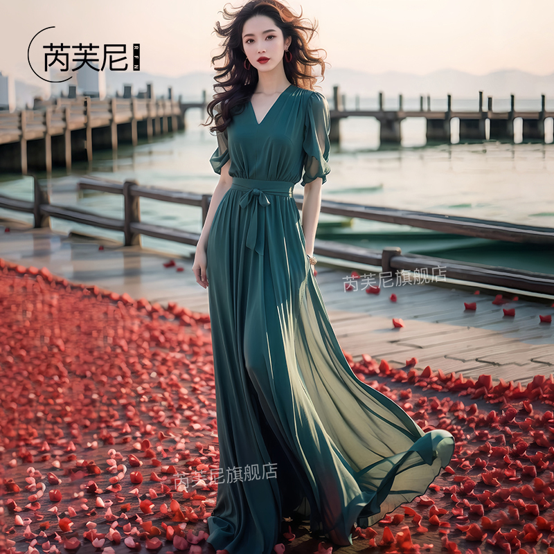 2026 New Green Dress for Women, Summer Chiffon Beach Dress, Stylish Ankle-Length Long Dress for Taking Photos at the Seaside