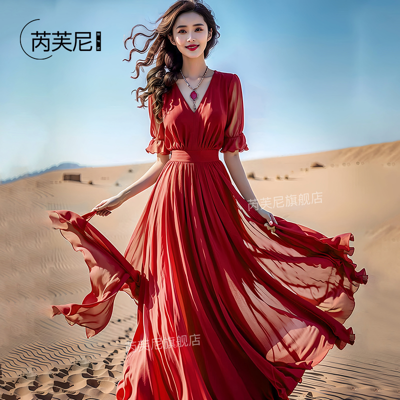 Red Desert Dress, Long and Flowing, Perfect for Photoshoots, with a Large Hem, 2026 New Summer Style, Ankle-Length Dress That Makes You Look Slimmer Red Desert Dress, Long and Flowing, Perfect for Photoshoots, with a Large Hem, 2026 New Summer Style, Ankle-Length Dress That Makes You Look Slimmer