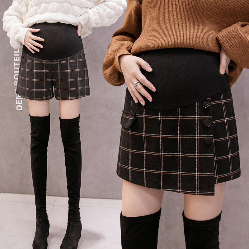 Maternity shorts Spring woolen pants and skirts Spring and autumn fashion trend mom wears plaid skirt base dress spring