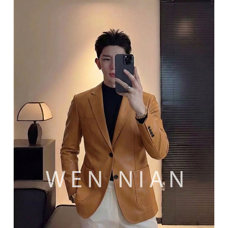 Korean Wen Nian Business Leather Suit Jacket for Men 2026 Autumn and Winter New Casual Pu Leather Suit