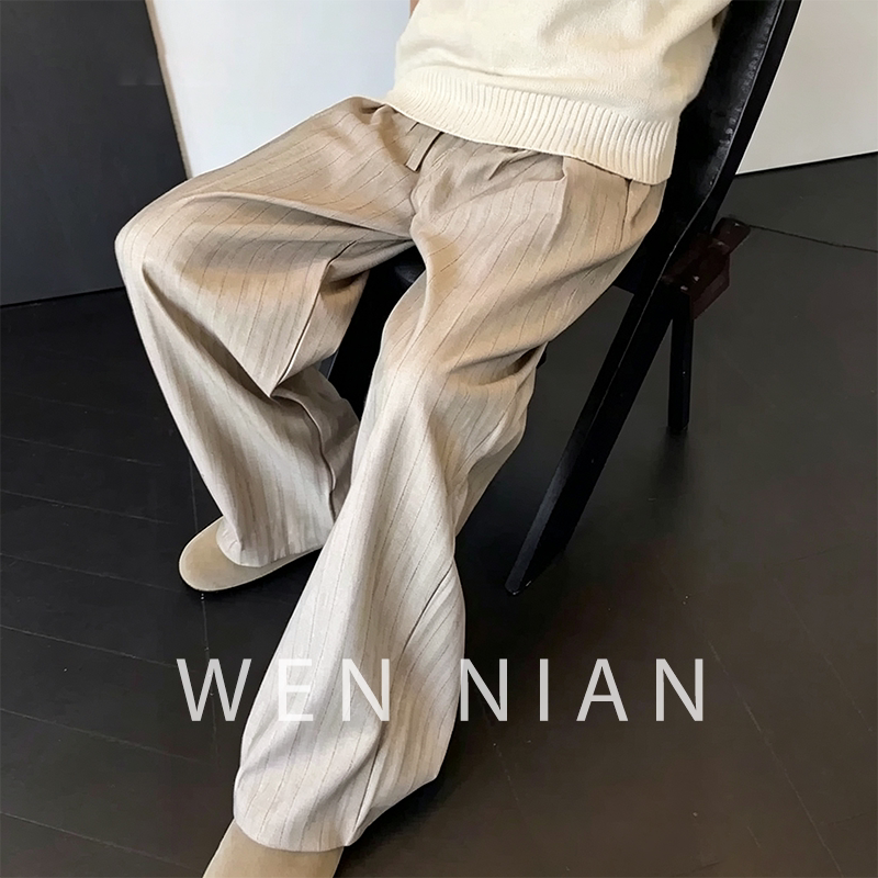 Korean Wen Nian Old Money Style Striped Casual Pants for Men, 2026 Autumn Breathable Drape Straight-Leg Flared Dress Pants