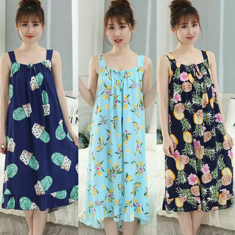 Lụa lớn kích thước học tập mùa hè treo cotton của phụ nữ đồ ngủ băng thông rộng quần áo ngủ tinh khiết cotton nguyên bông lụa treo đồ nhà phục vụ công chúa dễ thương - Đêm đầm